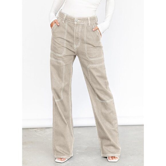 Elegant Women's Cargo Jeans - Comfy Apricot Wide Leg Denim Pants with 4 Pockets - Picture 2 of 4